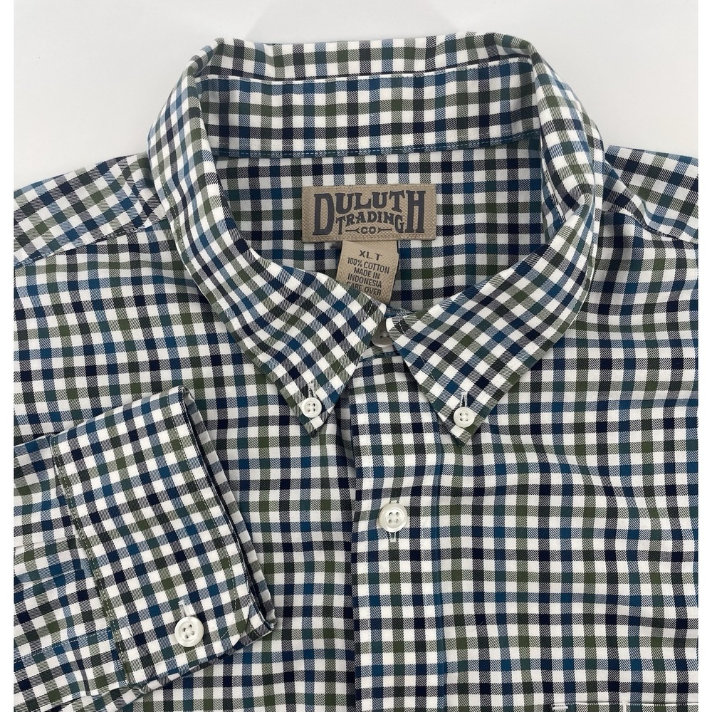 Duluth Trading Co Button Down Mens XLT Tall Blue Green Gingham L/S Shirt Preppy